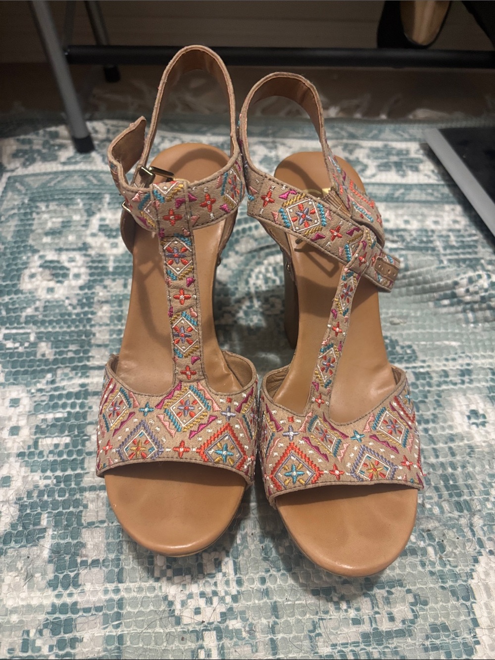 Gianni Bini Beige Embroidered T-Strap Heels with Multicolor Stitching